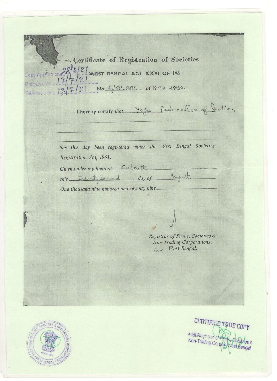 YFI Registration Certificate 1979
